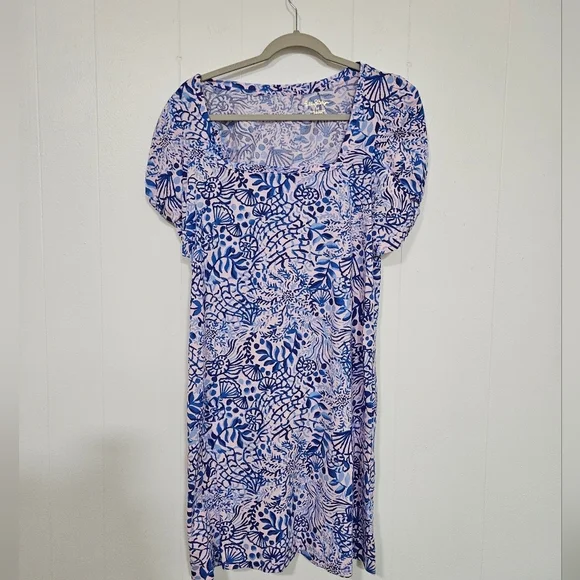 Lilly Pulitzer Haydn Mini Dress Short Puff Sleeve Blue Oceanscape Print Pink - Picture 2 of 8